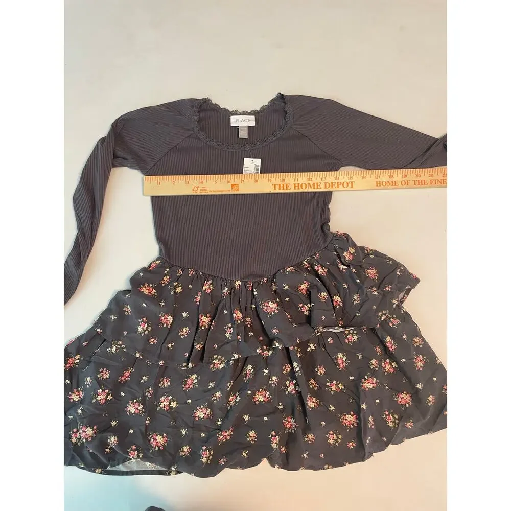 NWT the childrens place girls black dress ruffle floral skirt size 10/12 large